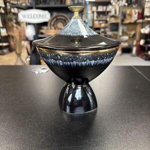 Hull Pottery Black Drip Glaze with Gold Trim, Ceramic‎ covered candy dish